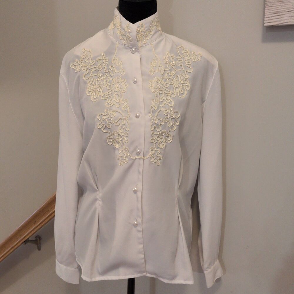 Vintage 80s 90s Susan Hutton Embroidered Blouse - Ivory Pearl Button Mandarin...